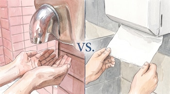 Ilustración dividida con las letras VS en el centro que muestra manos bajo un secador de aire y manos tomando toallas de papel.