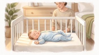 Ilustración de un bebé con pijama azul que duerme boca arriba en una cuna blanca, con una mujer sentada en el fondo.