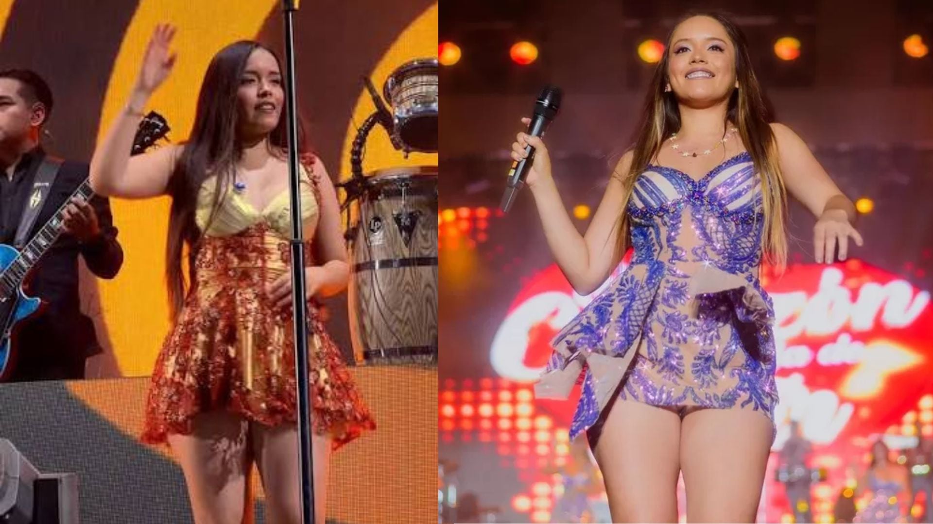 La cantante Kiara Lozano realiza una presentación musical sobre el escenario junto a la agrupación Corazón Serrano.