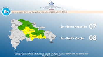 Mapa de la República Dominicana que muestra provincias en alerta amarilla y verde, logo del COE, escudo de la Presidencia, datos de alerta y contacto.