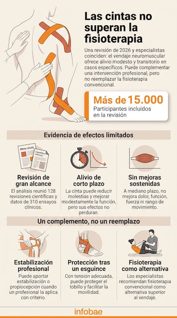 Infografía con la silueta de un cuerpo con cintas adhesivas en la espalda y el tobillo, acompañada de textos explicativos e iconos médicos.