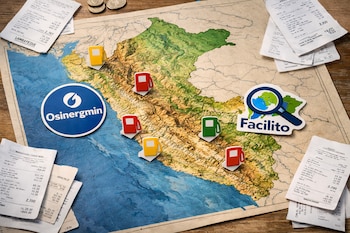 Mapa de Perú sobre mesa de madera con recibos de combustible, iconos de gasolineras rojos, amarillos y verdes, monedas, y logos de Osinergmin y Facilito.