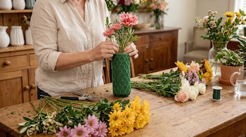 Manos de una mujer colocando flores rosadas en un cilindro verde sobre una mesa de madera con tijeras y flores variadas.