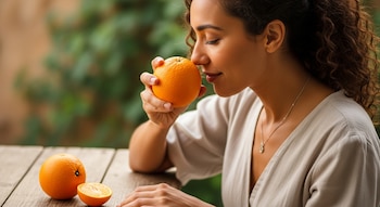 Primer plano de una mujer con cabello rizado y tez morena oliendo una naranja entera, con los ojos cerrados, en una mesa de madera.