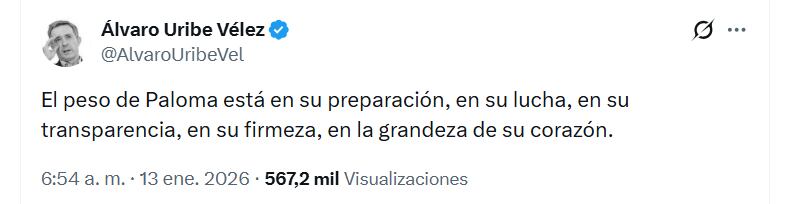 El expresidente también resaltó las cualidades de la senadora Paloma Valencia - crédito @AlvaroUribeVel/X