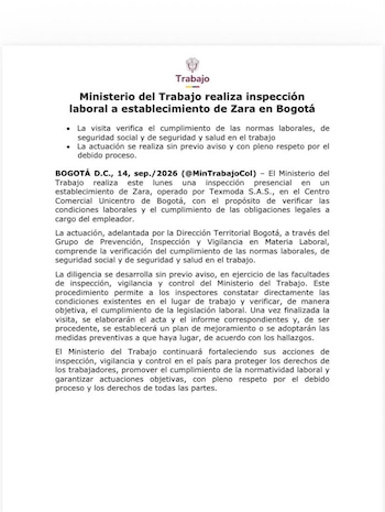Ministerio de Trabajo inspecciona un establecimiento de Zara en Bogotá - crédito MinTrabajo