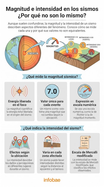 Infografía sobre sismos. Ilustración de la Tierra con energía sísmica, flecha a medidor de magnitud, efectos de intensidad en el terreno. Seis recuadros de texto. Logo Infobae.