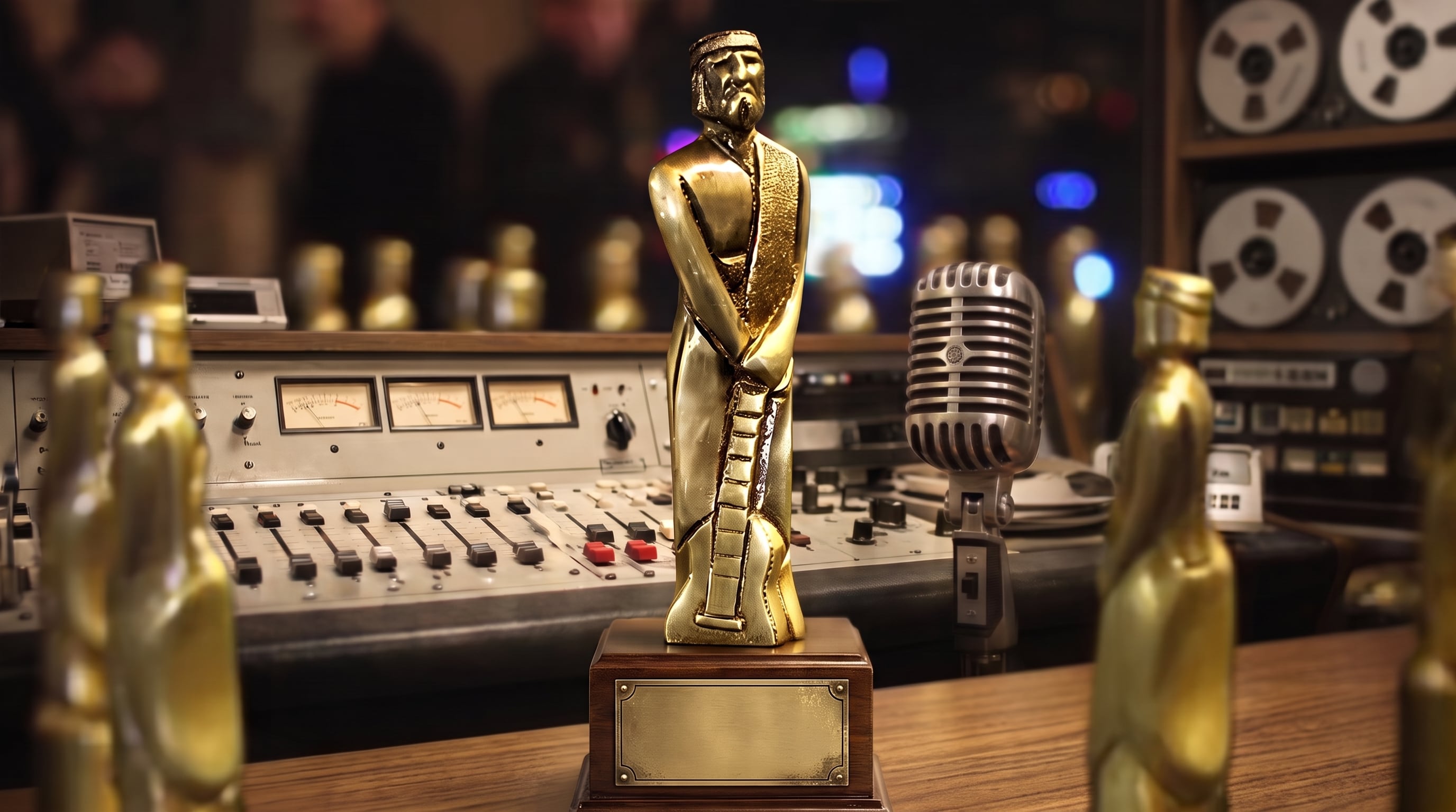 Una estatuilla dorada del Martin Fierro reposa junto a un micrófono clásico frente a una consola analógica en un estudio de grabación. (Imagen Ilustrativa Infobae)