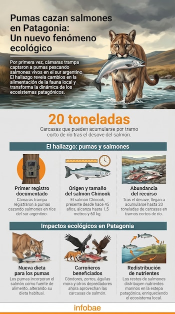 Infografía que muestra un puma con un salmón en la boca, cruzando un río, junto a diagramas de cámaras trampa, salmones, carroñeros y ciclo de nutrientes.