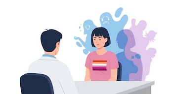 Ilustración de un doctor de espaldas y una paciente con camiseta de bandera lésbica, con figuras translúcidas de ansiedad y miedo detrás de ella.