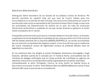 El exdiplomático anunció que remitirá a Estados Unidos información con nombres de testigos calificados que demostrarán la necesidad de investigar los presuntos delitos que cometió el expresidente de la República - crédito @AlvaroLeyva/X