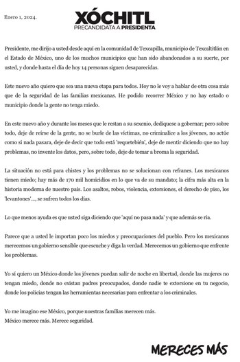 La precandidata a la Presidencia dijo estar en Texcaltitlán, Estado de México, este 1 de enero