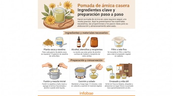Diagrama muestra ingredientes y seis pasos ilustrados para preparar pomada de árnica: fusión, cocción, colado y envasado.
