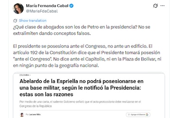 Cabal cuestionó el análisis de Presidencia sobre la posible posesión de Abelardo de la Espriella en una base militar - crédito @MariaFdaCabal/X