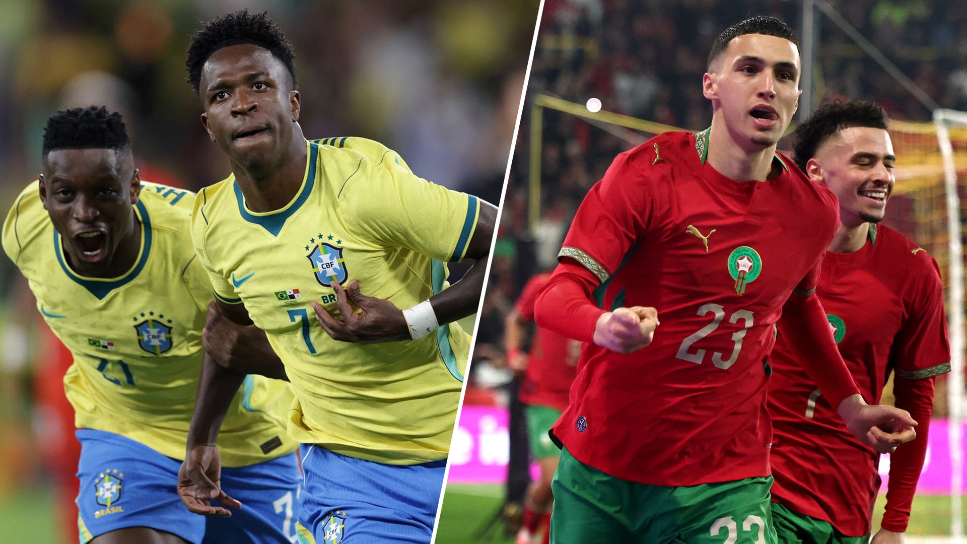Jugadores de Brasil y Marruecos aparecen en un montaje que anticipa su enfrentamiento en la previa del Mundial, mostrando la intensidad y emoción de ambos equipos.