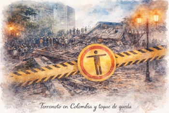Una ilustración con estilo acuarela muestra edificios derrumbados, personas entre escombros y una señal de prohibición de paso que simboliza el toque de queda tras un terremoto en Colombia - crédito