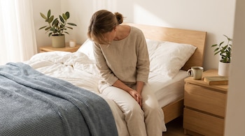 Mujer sentada en el borde de una cama con sábanas blancas y manta azul, su cabeza inclinada. Hay plantas, un libro y una taza en las mesas de noche.
