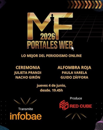 Cartel promocional de los premios MFIERRO 2026 Portales Web con texto dorado sobre fondo negro, mostrando los presentadores Julieta Prandi y Nacho Girón