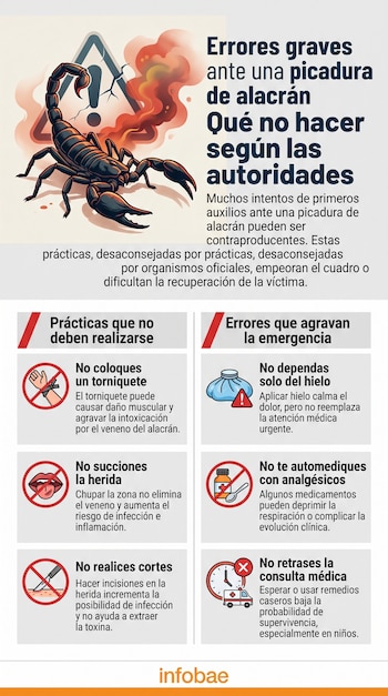 Una infografía muestra un alacrán negro, un símbolo de advertencia y ocho recuadros con texto e íconos sobre qué no hacer.