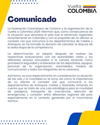 Personal de la Vuelta a Colombia se solidariza con las comunidades impactadas antes de reanudar actividades-crédito Federación Colombiana de Ciclismo