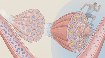 Dos diagramas de tejido muscular y vasos sanguíneos mostrando la entrada y salida de glucosa. Un hombre corriendo aparece sobre el diagrama de la derecha.