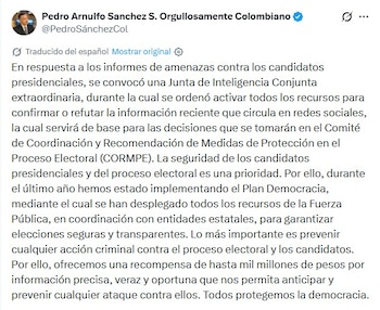 Una ola de mensajes intimidatorios y hechos recientes incrementa el nivel de alerta sobre la seguridad de candidatos, generando respuestas inmediatas por parte de los organismos de protección y justicia - crédito captura de pantalla
/ @PedroSánchezCol