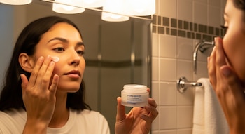 Mujer aplica crema en su mejilla derecha frente al espejo, sosteniendo un frasco de crema "HYDRA-BOOST" en su mano. Un baño con azulejos y luces se refleja.