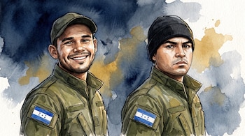 Ilustración estilo acuarela de dos hombres con chaquetas militares verde oliva con el parche de la bandera de Honduras en la manga.