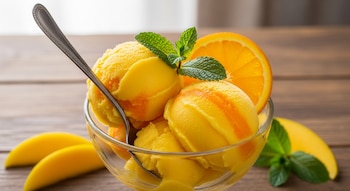 Primer plano de un bol de cristal con varias bolas de sorbete amarillo anaranjado, decorado con una rodaja de naranja, hojas de menta y una cuchara.