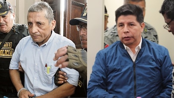 Díptico: hombre de camisa celeste esposado junto a policías a la izquierda; hombre de chaqueta azul sentado en un interior a la derecha