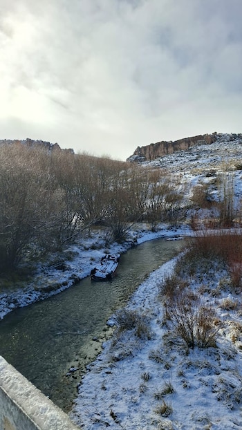 Vehículo volcado en un río, orillas nevadas, árboles sin hojas, montañas rocosas con nieve, cielo con nubes