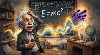 Ilustración de Albert Einstein con pelo blanco y bigote, sosteniendo una pipa, frente a una pizarra con la fórmula E=mc², rodeado de libros y un globo terráqueo.