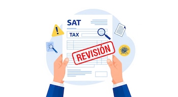 Dos manos sostienen un formulario fiscal blanco del SAT con un sello rojo de "Revisión", acompañado de íconos de alerta, lupa y documentos sobre un fondo claro.