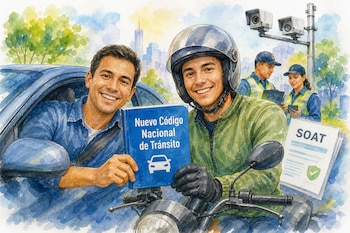 Un conductor en un automóvil y un motociclista sostienen un libro azul del Nuevo Código Nacional de Tránsito frente a agentes y cámaras.