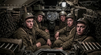 Cinco hombres jóvenes con uniformes y cascos militares dentro de un tanque, rodeados de municiones y paneles de instrumentos.