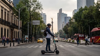 Hombre en scooter eléctrico en una calle de la Ciudad de México, con edificios, árboles, tráfico y el Ángel de la Independencia de fondo bajo un cielo nublado.