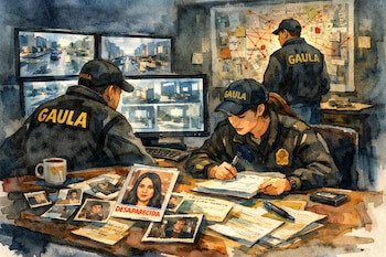 Ilustración en acuarela: tres investigadores del GAULA en una oficina, uno revisa monitores, otro un mapa, y una mujer escribe con fotos y expedientes, incluyendo una 'DESAPARECIDA'.