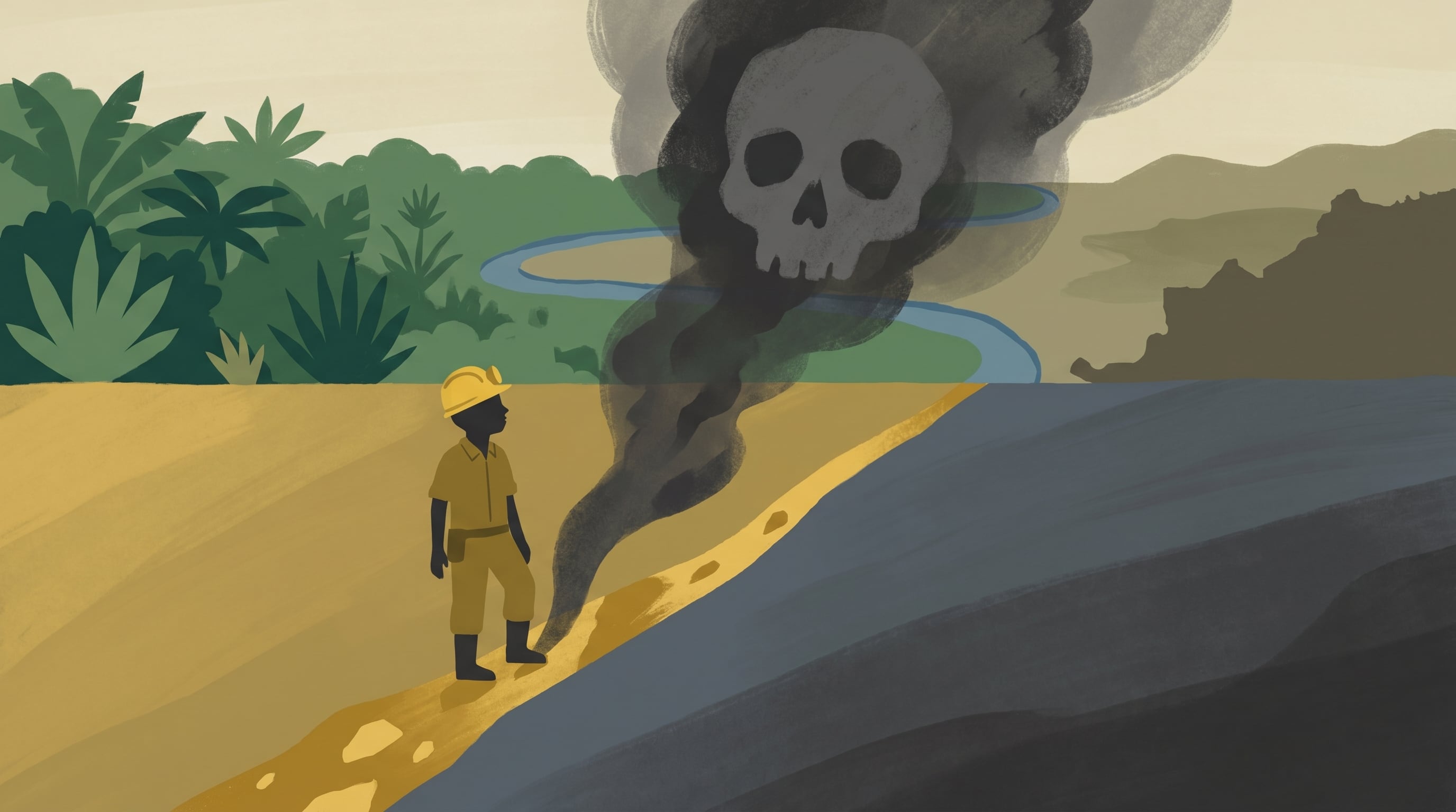 Un minero anónimo se encuentra sobre una veta de oro mientras una nube de cianuro en forma de calavera se eleva, amenazando el río San Juan que divide la selva de Costa Rica y la silueta de Nicaragua. (Imagen Ilustrativa Infobae)
