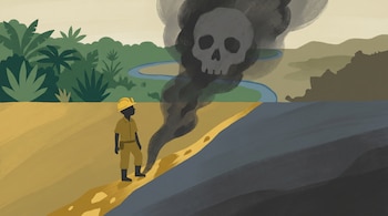 Ilustración plana de un minero con casco amarillo sobre una veta de oro. Humo oscuro en forma de calavera sube. Al fondo, el río San Juan, selva y Nicaragua.