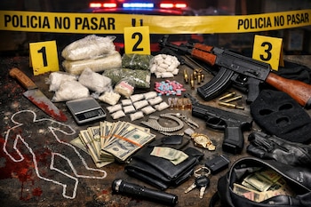 Vista aérea de una mesa con un esquema de cuerpo en tiza, un cuchillo ensangrentado, bolsas de drogas, dinero, un fusil, una pistola y una máscara de esquí.