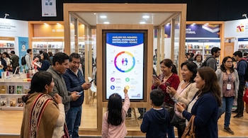Varias personas observan una pantalla digital en un stand, una niña apunta a la pantalla, hombres y mujeres adultos usan teléfonos, estantes con libros al fondo.