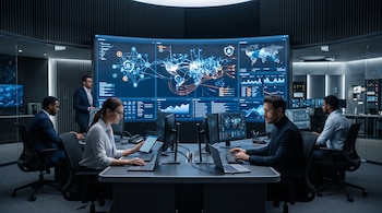 Personas en escritorios con computadoras dentro de una sala equipada con una gran pantalla curva que muestra mapas mundiales y gráficos.