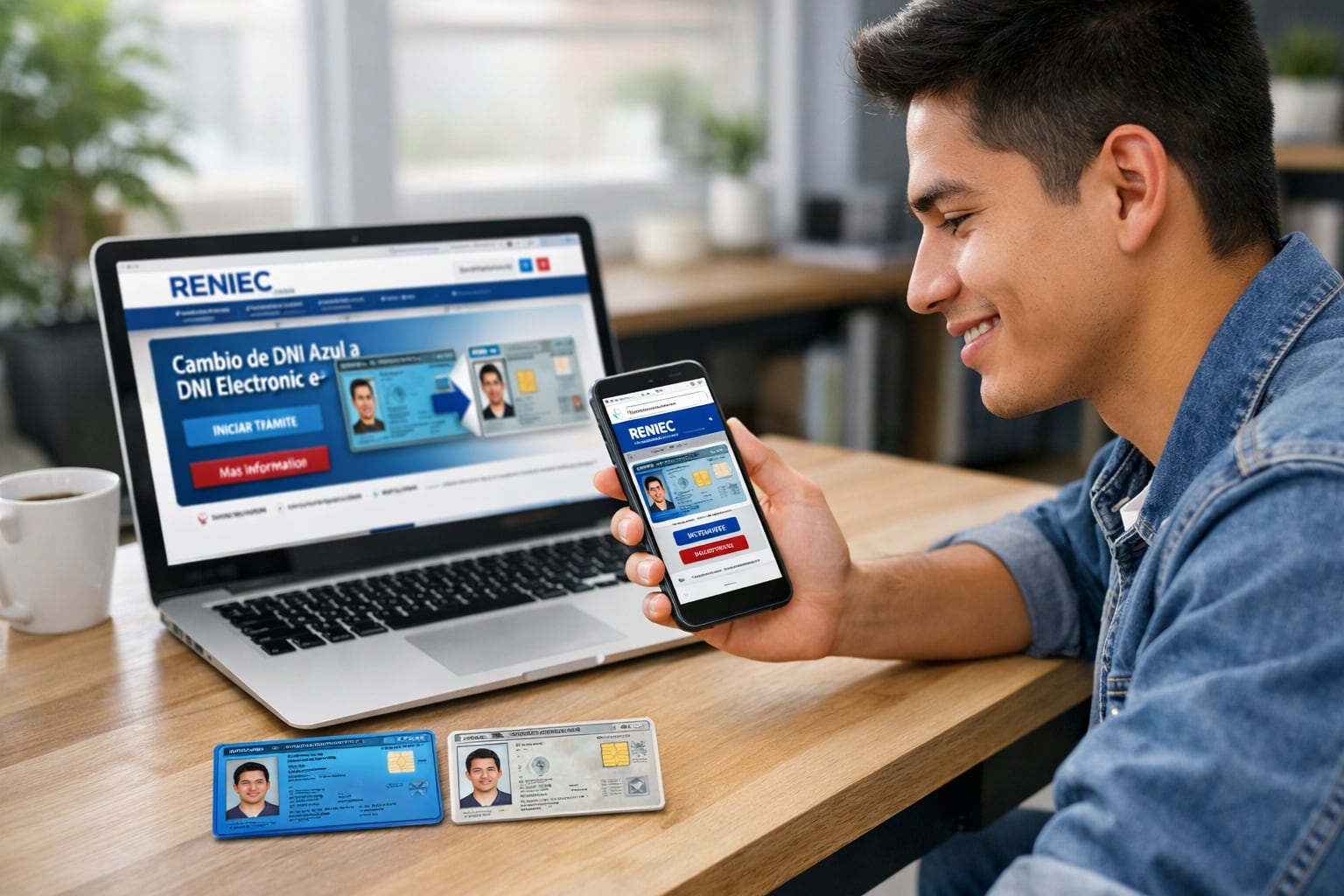 Un joven peruano sonriente realiza la gestión virtual para el cambio de su DNI azul a electrónico a través del sitio web de Reniec en su laptop y smartphone, con ambas tarjetas de identificación visibles en la mesa. (Imagen Ilustrativa Infobae)