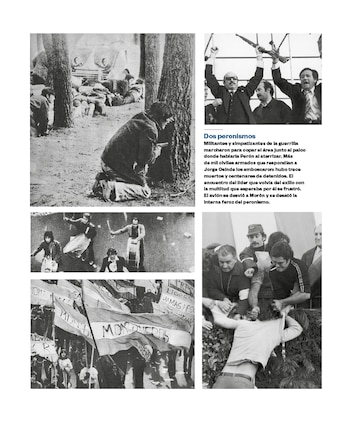 Collage de fotos en blanco y negro: personas armadas, una multitud con banderas de Montoneros, manifestantes con tambores y un altercado violento