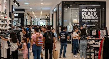 Un pasillo de centro comercial con personas comprando, exhibidores de ropa y zapatillas, y un gran cartel negro con el texto Panama Black Weekend.