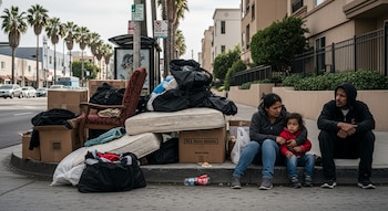 Familia desalojada sentada en la acera de Los Ángeles. A su lado, colchones, cajas, y bolsas de pertenencias. Palmeras y edificios al fondo.