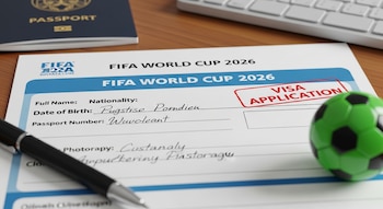 Formulario de solicitud de visado para la Copa del Mundo FIFA 2026 en un escritorio, con un pasaporte, bolígrafo y un balón de fútbol verde.