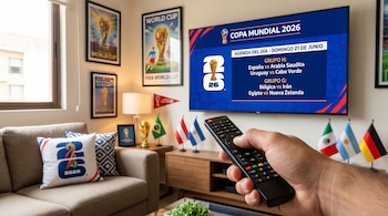 Mão segurando o controle remoto em frente à TV com programação da Copa do Mundo de 2026. Sala decorada com cartazes, troféus, almofadas e bandeiras
