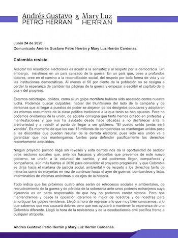 Mary Luz Herrán y Andrés Petro hicieron un llamado a la calma y la sensatez tras los resultados de las elecciones presidenciales de 2026 - crédito@marylherran - @andresgustavopetro/Instagram