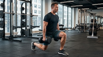 Hombre de 40 años, sudoroso, realiza zancadas inversas con mancuernas en un gimnasio. Viste ropa deportiva oscura, sobre un suelo de goma, con ventanales al fondo.